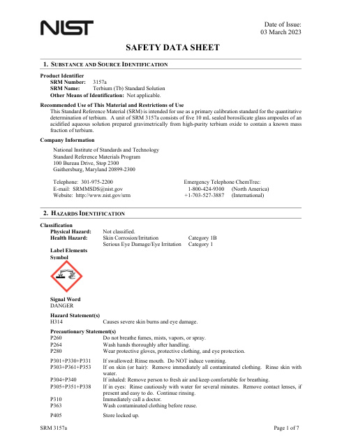 First page of Terbium (Tb) Standard Solution | SDS | National Institute of Standards and Technology (NIST) | SRM 3157a | English | 03 March 2023