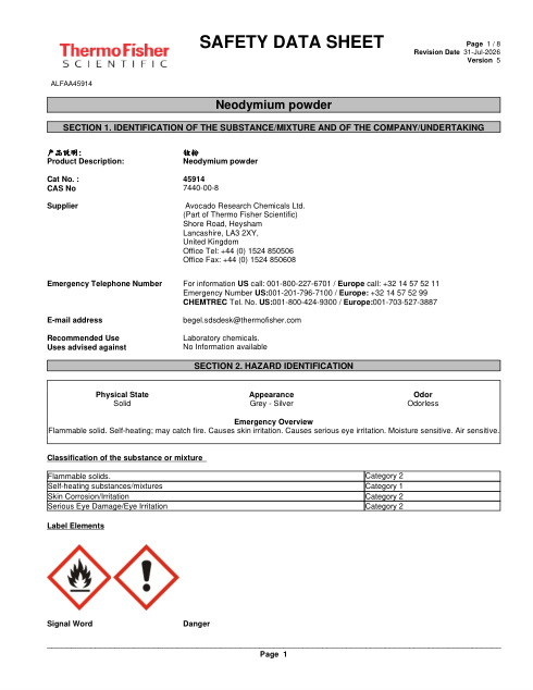 First page of Neodymium powder ALFAA45914 SDS – Avocado Research Chemicals Ltd. (Part of Thermo Fisher Scientific)