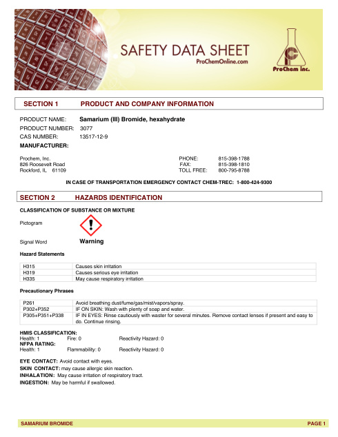 First page of Samarium (III) Bromide, hexahydrate 3077 SDS – ProChem, Inc.