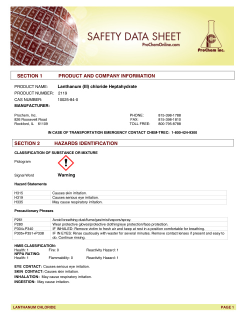 First page of Lanthanum (III) chloride Heptahydrate 2119 SDS – ProChem, Inc.