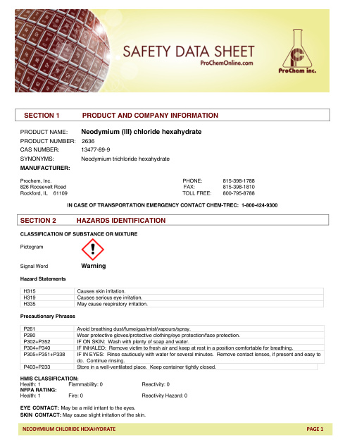 First page of Neodymium (III) chloride hexahydrate 2636 SDS – ProChem, Inc.