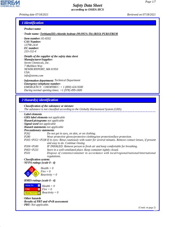 First page of · Trade name: Terbium(III) chloride hydrate (99.995%-Tb) (REO) PURATREM 65-6502 SDS – Strem Chemicals, Inc.