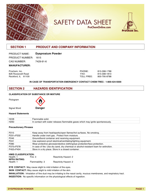 First page of Dysprosium Powder 1615 SDS – ProChem, Inc.