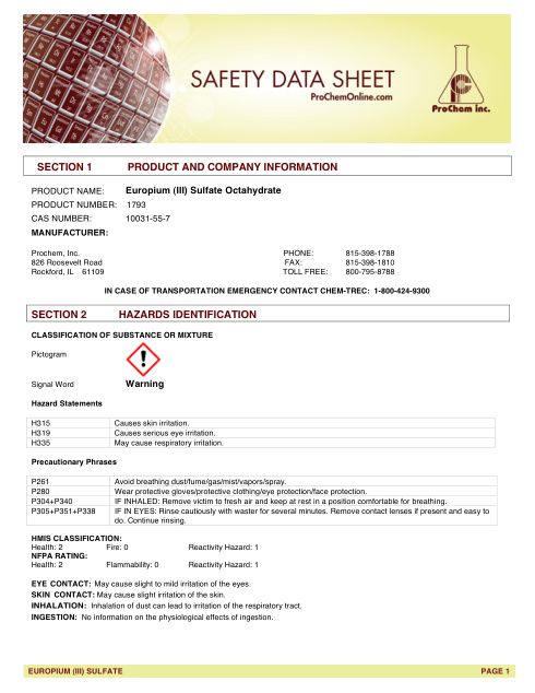 First page of Europium (III) Sulfate Octahydrate 1793 SDS – ProChem, Inc.