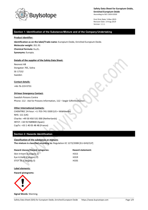 First page of Europium Oxide, Enriched Europium Oxide. | SDS | CAS 1308-96-9 | Neonest AB | Version 1.1.1 | English | 14-Aug-2019