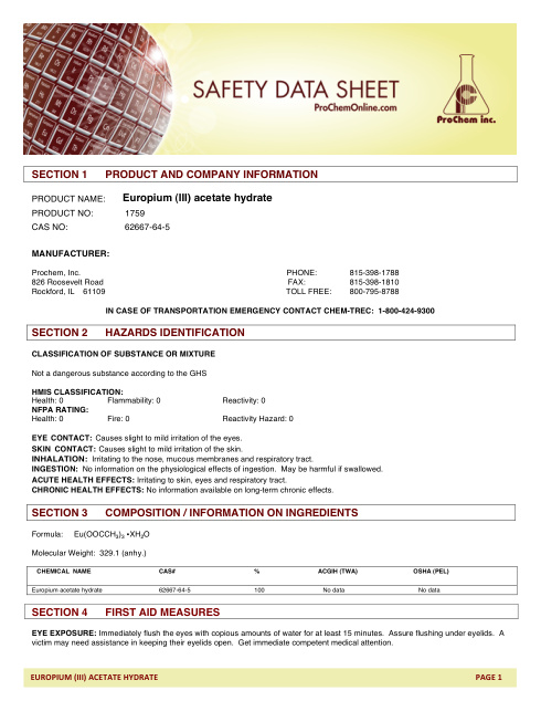 First page of Europium (III) acetate hydrate 1759 SDS – ProChem, Inc.