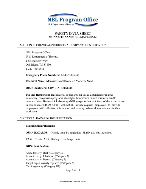 First page of Monazite Sand / Powdered Monazite Sand | SDS | NBL Program Office, U.S. Department of Energy | CRM 7-A; 82Th1448 | English | 24 June 2020