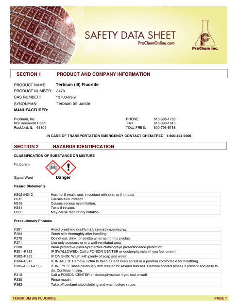 First page of Terbium (III) Fluoride 3479 SDS – ProChem, Inc.