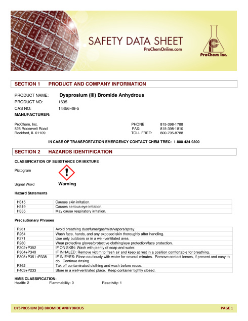 First page of Dysprosium (III) Bromide Anhydrous 1635 SDS – ProChem, Inc.