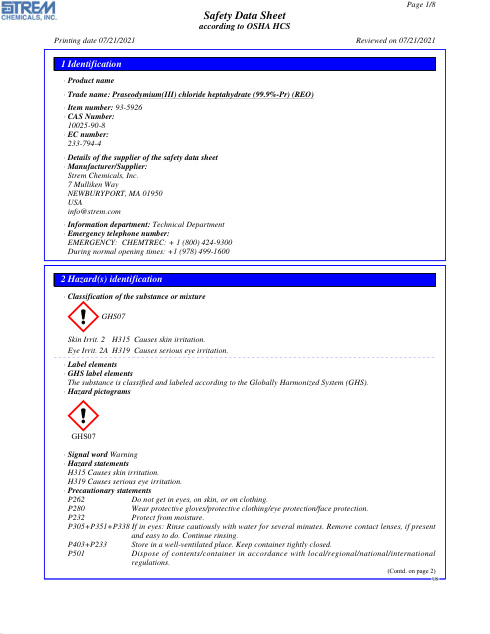 First page of Praseodymium(III) chloride heptahydrate (99.9%-Pr) (REO) 93-5926 SDS – Strem Chemicals, Inc.
