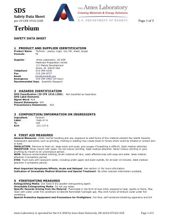 First page of Terbium (Tb) Metal — Safety Data Sheet (SDS)