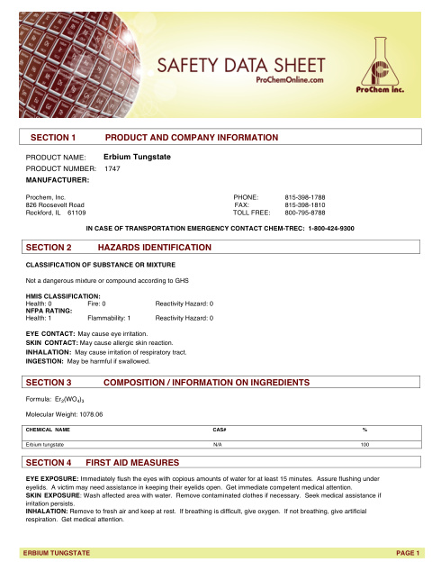First page of Erbium Tungstate 1747 SDS – ProChem, Inc.