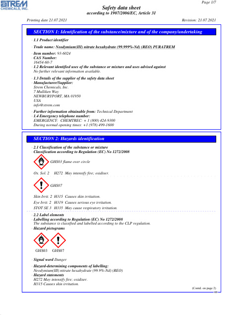First page of Neodymium(III) nitrate hexahydrate (99.999%-Nd) (REO) PURATREM 93-6024 SDS – Strem Chemicals, Inc.