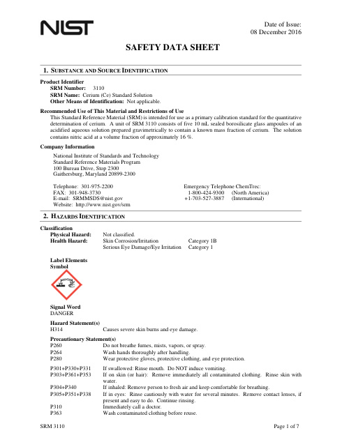 First page of Cerium (Ce) Standard Solution | SDS | National Institute of Standards and Technology (NIST) | SRM 3110 | English | 08 December 2016