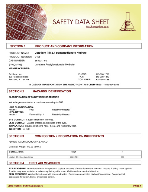First page of Lutetium (III) 2,4-pentanedionate Hydrate 2428 SDS – ProChem, Inc.
