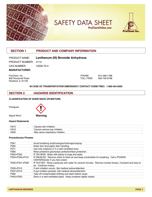 First page of Lanthanum (III) Bromide Anhydrous 2112 SDS – ProChem, Inc.