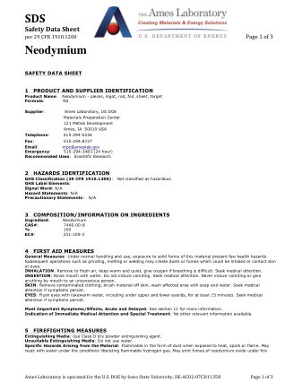 First page of Neodymium (Nd) Metal — Safety Data Sheet (SDS)