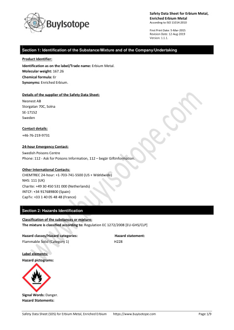 First page of Erbium Metal. | SDS | CAS 7440-52-0 | Neonest AB | Version 1.1.1 | English | 12-Aug-2019