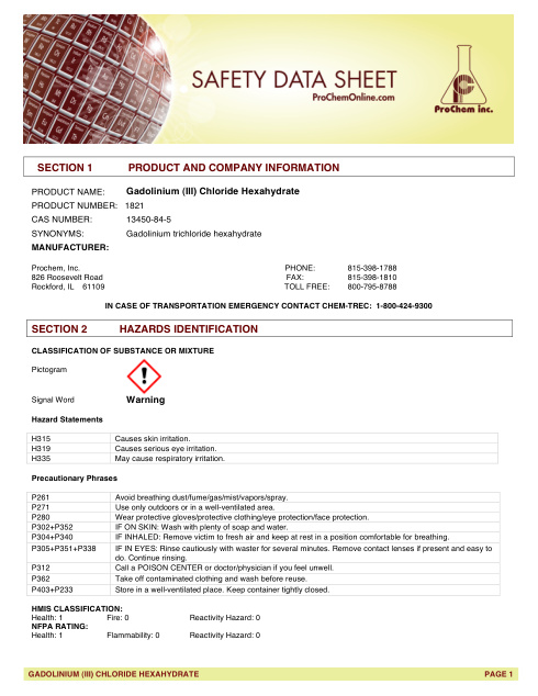 First page of Gadolinium (III) Chloride Hexahydrate | SDS | CAS 13450-84-5 | ProChem | 1821 | English