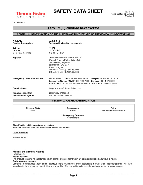 First page of Terbium(III) chloride hexahydrate ALFAA44472 SDS – Avocado Research Chemicals Ltd. (Part of Thermo Fisher Scientific)