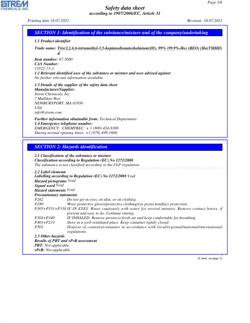 First page of Tris(2,2,6,6-tetramethyl-3,5-heptanedionato)holmium(III), 99% (99.9%-Ho) (REO) [Ho(TMHD) 67-5000 SDS – Strem Chemicals, Inc.