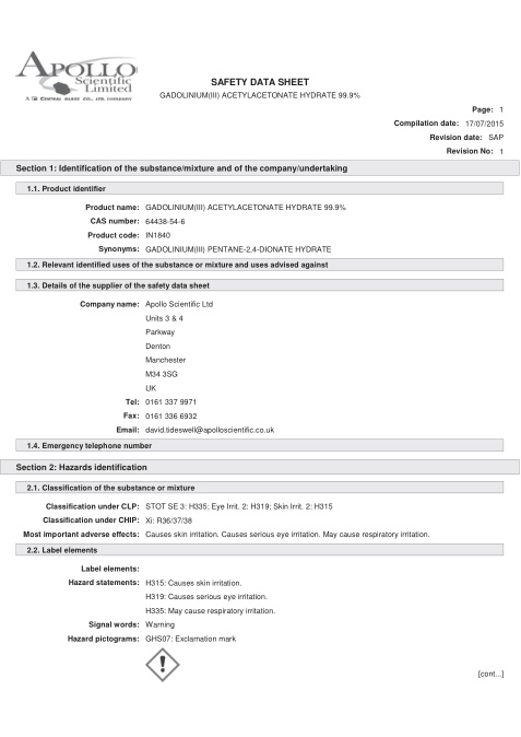 First page of GADOLINIUM(III) ACETYLACETONATE HYDRATE 99.9% | SDS | CAS 64438-54-6 | Apollo | IN1840 | English | 17/07/2015