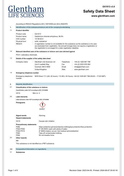 First page of Gadolinium chloride anhydrous, 99.9% | SDS | CAS 10138-52-0 | Glentham | GX1913 | English | 2023-04-05