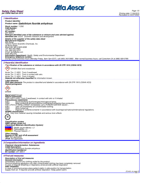 First page of Gadolinium fluoride anhydrous | SDS | CAS 13765-26-9 | Alfa-Aesar | English | 11/24/2015