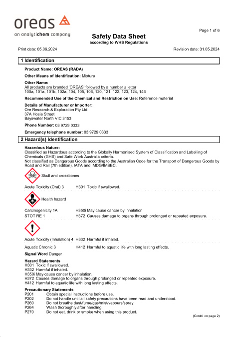 First page of OREAS 146 rare-earth and yttrium certified reference material (covered by OREAS RADA SDS) SDS – Ore Research & Exploration Pty Ltd (OREAS)