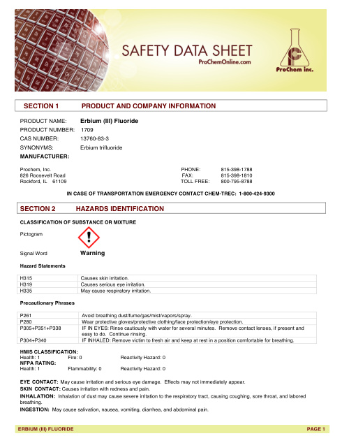 First page of Erbium (III) Fluoride 1709 SDS – ProChem, Inc.