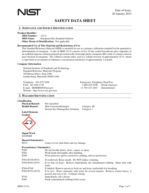 First page of Europium (Eu) Standard Solution | SDS | National Institute of Standards and Technology (NIST) | SRM 3117a | English | 28 January 2015