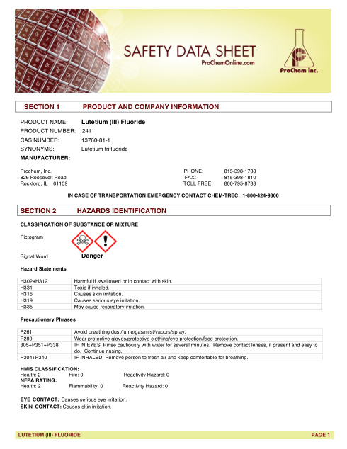 First page of Lutetium (III) Fluoride 2411 SDS – ProChem, Inc.