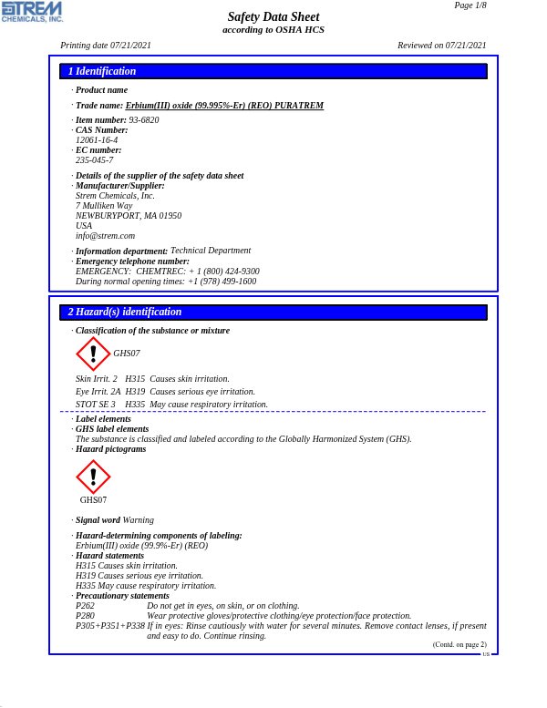 First page of · Trade name: Erbium(III) oxide (99.995%-Er) (REO) PURATREM 93-6820 SDS – Strem Chemicals, Inc.