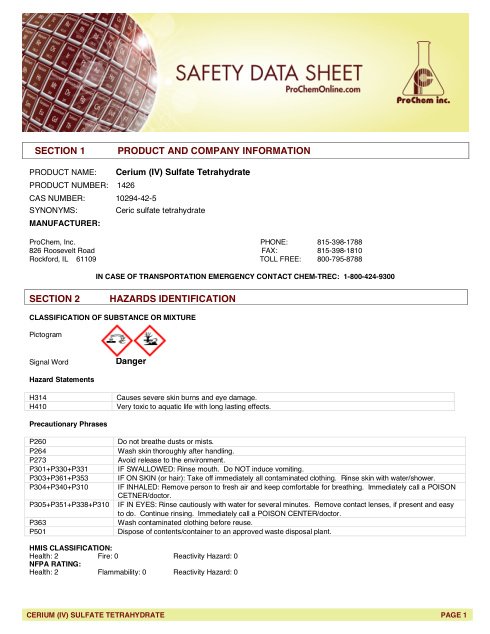 First page of Cerium (IV) Sulfate Tetrahydrate 1426 SDS – ProChem, Inc.