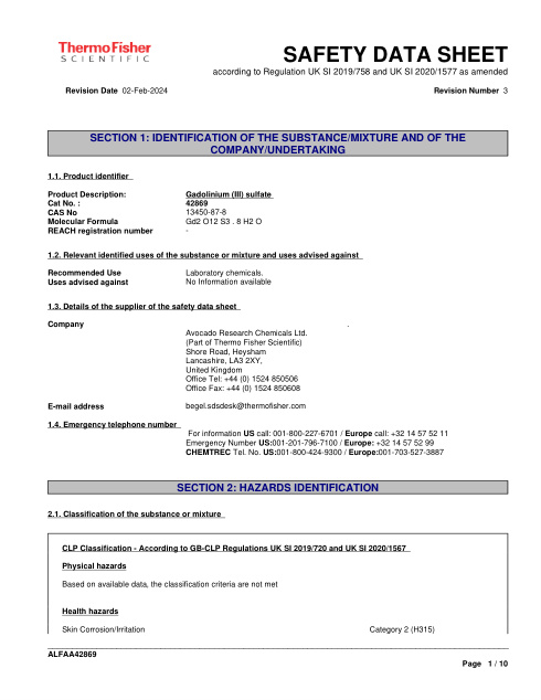 First page of Gadolinium (III) sulfate | SDS | CAS 13450-87-8 | Thermo Fisher Scientific | 42869 | English | 02-Feb-2024 · Revision 3