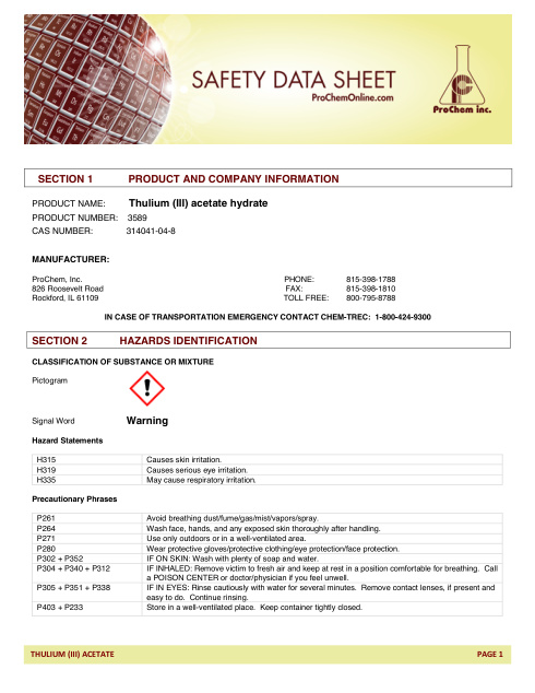 First page of Thulium (III) acetate hydrate 3589 SDS – ProChem, Inc.