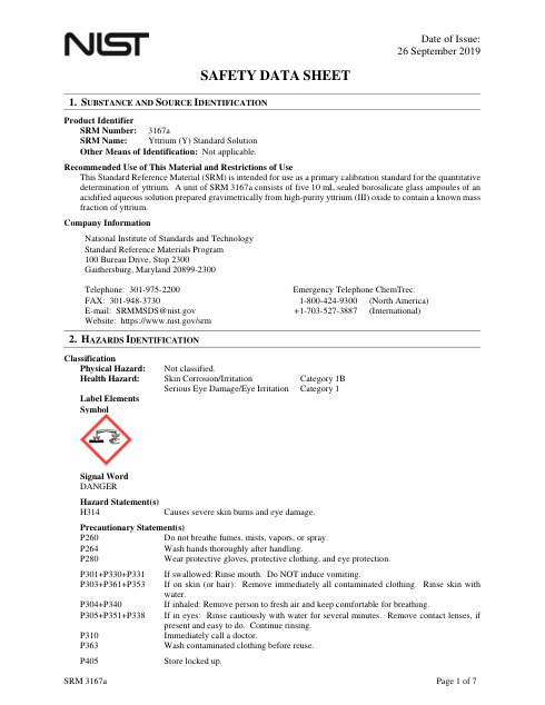 First page of Yttrium (Y) Standard Solution | SDS | National Institute of Standards and Technology (NIST) | SRM 3167a | English | 26 September 2019