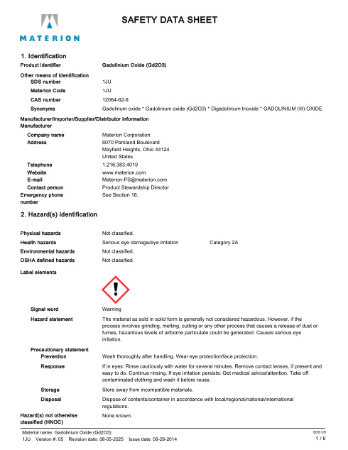 First page of Gadolinium oxide (Gd2O3) | SDS | CAS 12064-62-9 | Materion | English | 08-05-2025