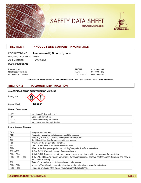 First page of Lanthanum (III) Nitrate, Hydrate 2153 SDS – ProChem, Inc.
