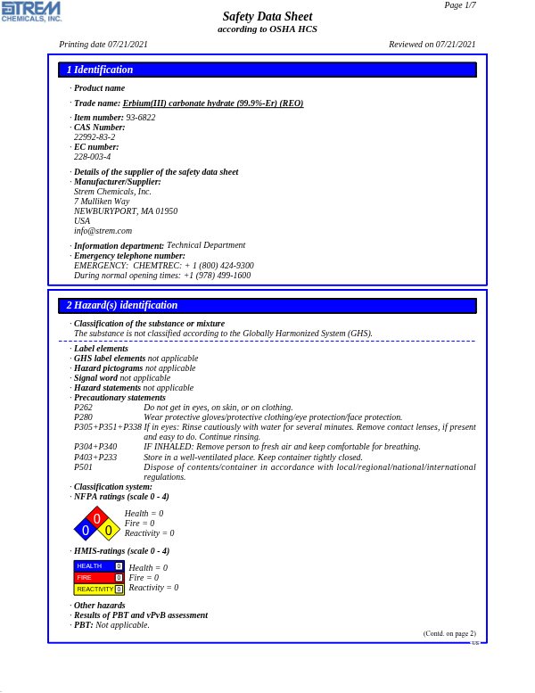 First page of · Trade name: Erbium(III) carbonate hydrate (99.9%-Er) (REO) 93-6822 SDS – Strem Chemicals, Inc.