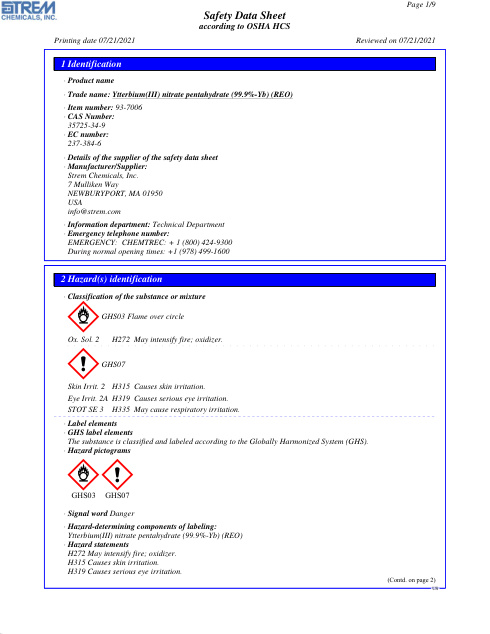 First page of Ytterbium(III) nitrate pentahydrate (99.9%-Yb) (REO) 93-7006 SDS – Strem Chemicals, Inc.