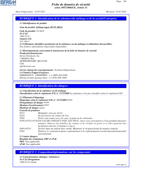 First page of Erbium ingot (99.9% REO) 93-6832 SDS – Strem Chemicals, Inc.
