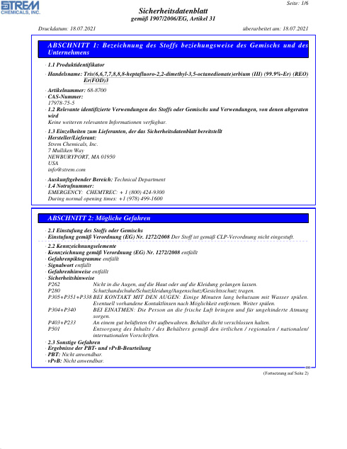 First page of Tris(6,6,7,7,8,8,8-heptafluoro-2,2-dimethyl-3,5-octanedionate)erbium (III) (99.9%-Er) (REO) 68-8700 SDS – Strem Chemicals, Inc.