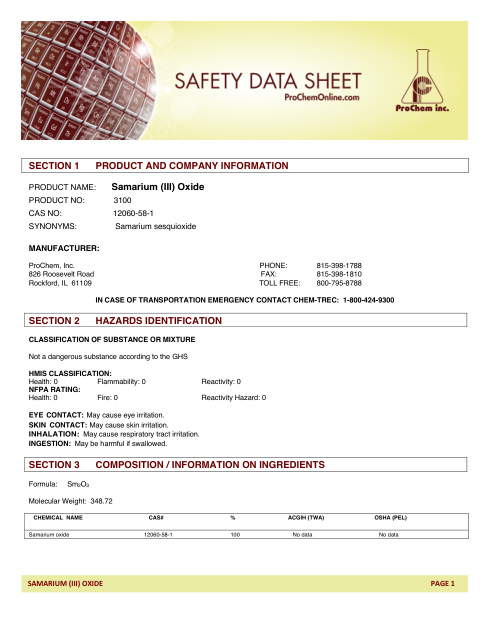 First page of Samarium (III) Oxide 3100 SDS – ProChem, Inc.