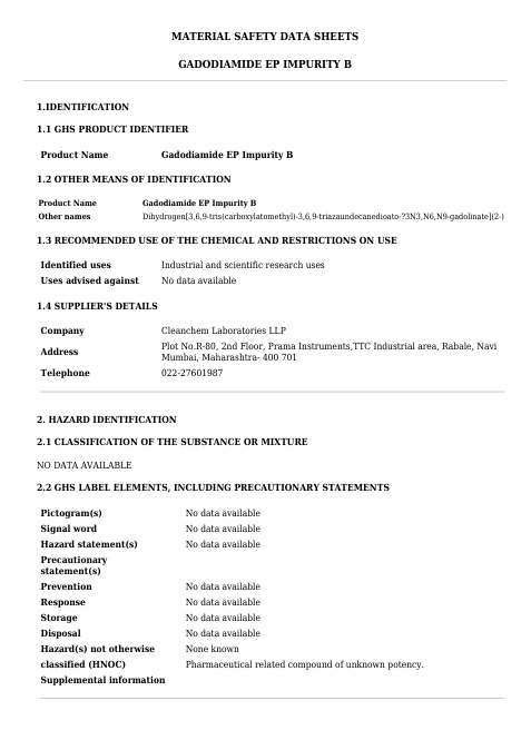 First page of Gadodiamide EP Impurity B | SDS | Cleanchem | English