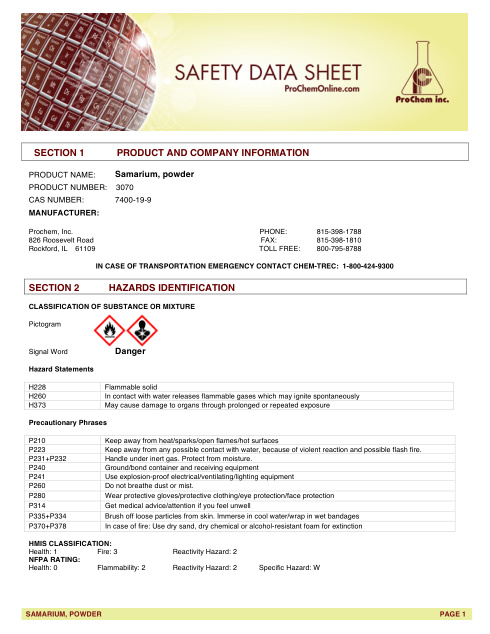 First page of Samarium, powder 3070 SDS – ProChem, Inc.