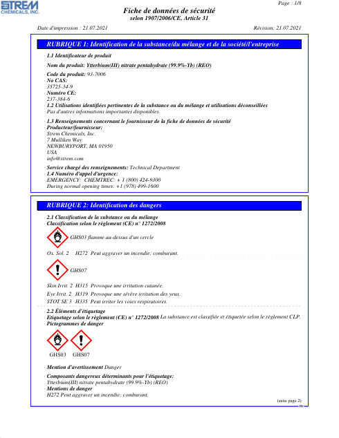 First page of Ytterbium(III) nitrate pentahydrate (99.9%-Yb) (REO) 93-7006 SDS – Strem Chemicals, Inc.