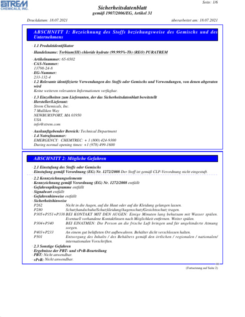 First page of Terbium(III) chloride hydrate (99.995%-Tb) (REO) PURATREM 65-6502 SDS – Strem Chemicals, Inc.