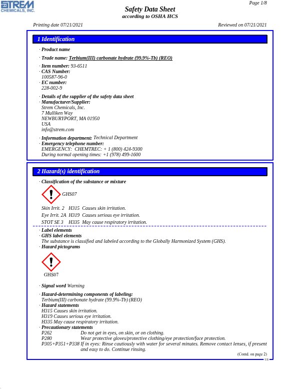 First page of · Trade name: Terbium(III) carbonate hydrate (99.9%-Tb) (REO) 93-6511 SDS – Strem Chemicals, Inc.