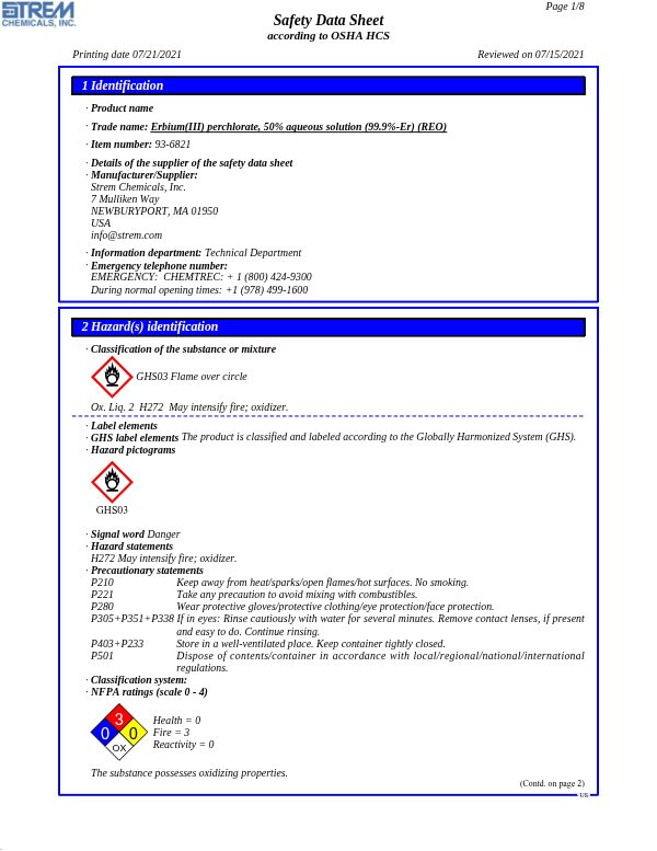First page of · Trade name: Erbium(III) perchlorate, 50% aqueous solution (99.9%-Er) (REO) 93-6821 SDS – Strem Chemicals, Inc.
